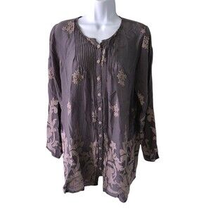 Johnny Was Gray, Embroidered Floral Tunic Pullover Blouse Size XS